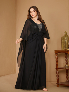 <span class=keywords><strong>Robe</strong></span> <span class=keywords><strong>longue</strong></span> en mousseline de soie noire à sequins, col en forme de cœur, manches chauve-souris, taille plus, pour femmes, idéale pour les soirées <span class=keywords><strong>et</strong></span> les galas - Product Image 5