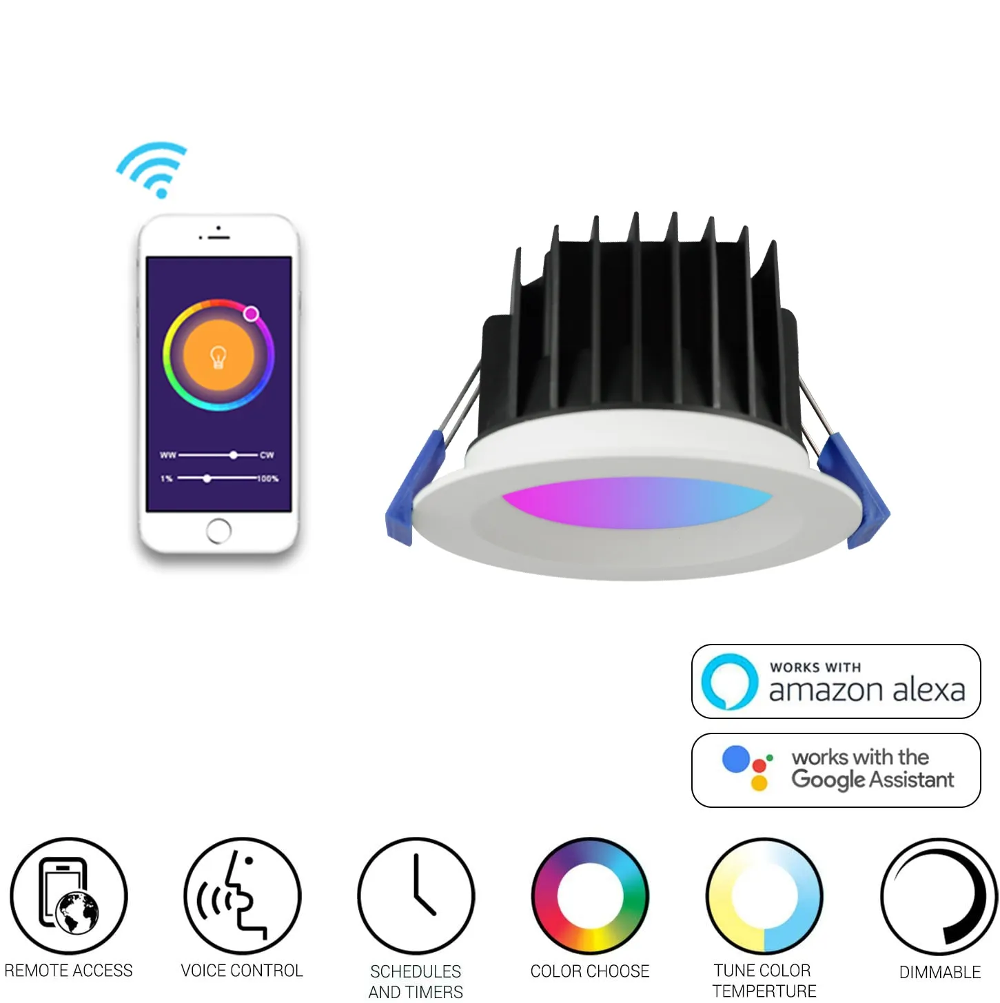 สมาร์ทปาร์ตี้ที่มีสีสัน RGB APP รีโมทคอนโทรล LED ดาวน์ไลท์บ้านหรี่แสงได้ CCTV ในร่มฝังเพดานอัจฉริยะลงไฟ