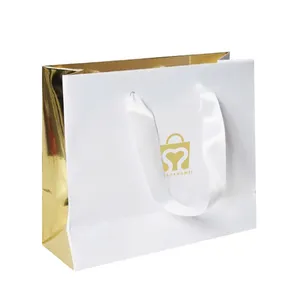 Ribbon Handle Paper Bags Luxury Gold Foil Logo Silk Satin Ribbon Handles Packaging Art Paper Jewelry Gift Bag