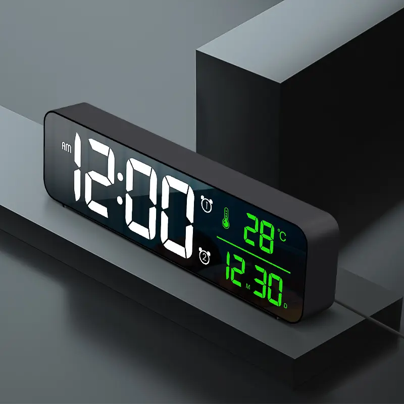 ホット販売LEDウォールクロックモダンデザインデジタルデスクトップテーブルウォッチデュアルアラーム設定付きミラーミュージック目覚まし時計