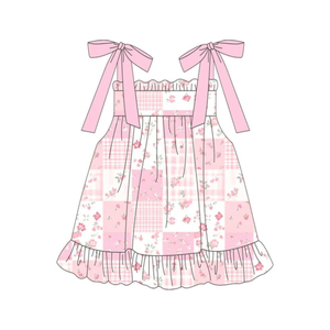 Vestido infantil personalizado GSD3869 para niña, con estampado de flores rosas y rayas, venta al por mayor, vestido de manga corta para bebé. - Product Image 2