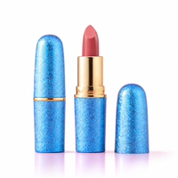 Tube de rouge à lèvres de luxe à paillettes bleues, marque privée, logo personnalisé, étui brillant, finition velours mat, maquillage végétalien OEM