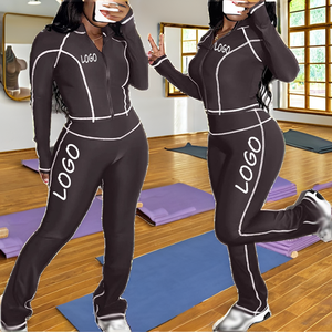 Ensemble de sport avec logo brodé personnalisé pour femme Veste de fitness d'automne Pantalon de survêtement Costume de yoga d'hiver solide 2pcs Casual Sports Soft - Product Image 2
