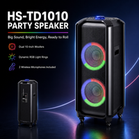 HANSUO HS-TD1010 Speaker Karaoke Lantai Ganda 10 Inch dengan Dua Mikrofon Nirkabel USB FM dan Tweeter Ganda