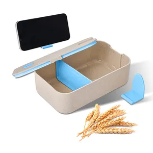 Lancheira de plástico com suporte para celular, nova caixa ecológica de palha de trigo de venda quente