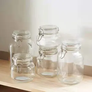 High Quality Custom Food Bottleround Airtight Storage Glass Jar With Metal Clip Lid 3227