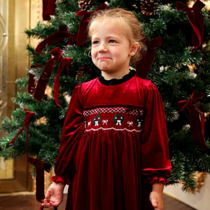ODM Wholesale Children Girls Casual Autumn Velvet Holiday Dress Smocked Embroidery 100% Cotton A-Line Silhouette Eco-Friendly - Product Image 1