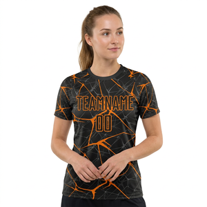 Camiseta de Fútbol Femenina Personalizada con Nombre de Equipo Sublimado 00, Diseño de Grietas en Negro y Naranja, Cuello Redondo, Manga Corta, Absorbe la Humedad, Deportiva - Product Image 2
