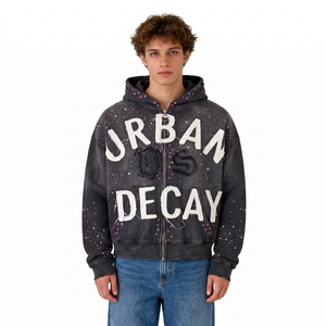 Wholesale High Quality Cotton Unisex Streetwear Hoodies 6721 Custom Logo Rhinestone Vintage Washed Zip Hoodie Y2K OEM Supplier - Product Image 2