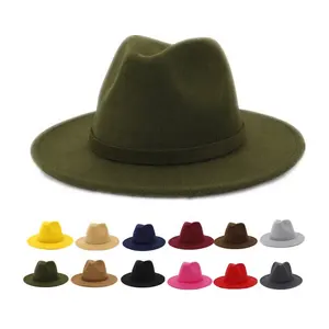 56 سنتيمتر إلى 60 سنتيمتر ملون وهمية الصوف بنما قبعة واسعة حافة الكلاسيكية قبعات فيدورا للنساء الرجال