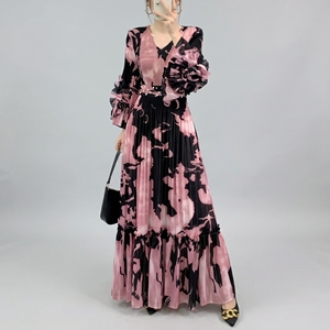 Vestido Maxi Casual Vintage de Alta Calidad para Mujer, Primavera/<span class=keywords><strong>Verano</strong></span> 2026, Nuevo, con Mangas Farol, Corte en A, Plisado, Estampado Floral, Fruncido Natural - Product Image 3