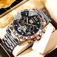 Montre automatique squelette de luxe pour homme, bracelet en métal, multifonction, calendrier, aiguilles lumineuses, montre-bracelet sport et affaires