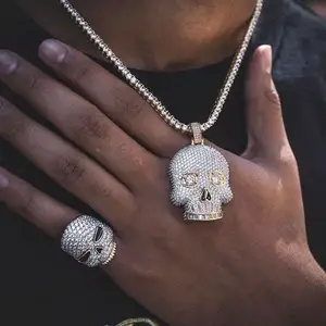 Iced Out Round Baguette Diamonds Skull Pendant With Heart Nose CZ Zirconia Pendants Gold Plated Men Women Hip Hop Jewelry