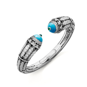Bracciale in Argento Sterling 925 Stile Art Déco con Zirconia Blu Turchese e Smalto di Lusso - Product Image 1
