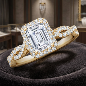 Anillo de Compromiso con Halo de Diamantes Cultivados en Laboratorio con Certificación IGI, Corte Esmeralda, Oro de 10K, 14K, 18K, Plata 925, 935 - Product Image 1