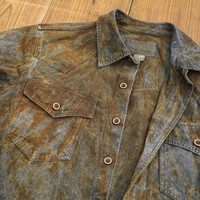 Kemeja Denim Pria Warna Rust Custom 100% Katun Berkualitas Tinggi dengan Kantong Dada Berpenutup, Kancing Kayu, Pewarnaan Vintage, Lengan Panjang, Bahan Kanvas