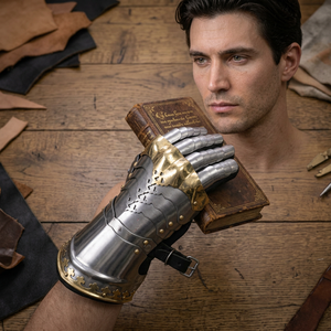 Gants de chevalier médiévaux en acier, armure dorée de style antique avec gravures complexes - Product Image 2