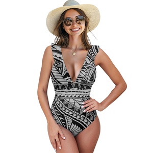 Traje de Baño Personalizado con Estampado Tribal Polinesio, Cuello en V, Adorno con Volantes, Control de Abdomen, Estilo Hawaiano Vintage - Product Image 1