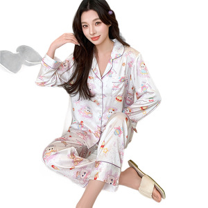 Nouvel ensemble de pyjama décontracté pour femme, avec cardigan à revers et taille élastique, manches longues, imprimé dessin animé, doux, en soie glacée, coupe ample, idéal pour le printemps et la maison - Product Image 5