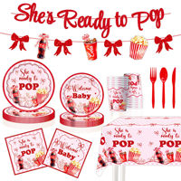 Ensemble de vaisselle et décorations pour fête sur le thème Bébé Cola Popcorn : Assiettes, gobelets, serviettes, nappe et bannière pour baptême d'enfants