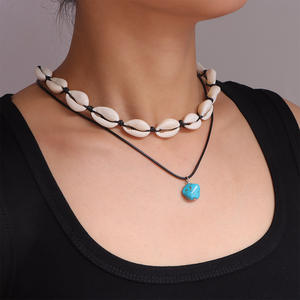 Collar de Conchas Turquesas con Cuerda Negra, Dos Piezas, Cadena para Clavícula para Mujer, Estilo Boho Minimalista para Fiestas - Product Image 2
