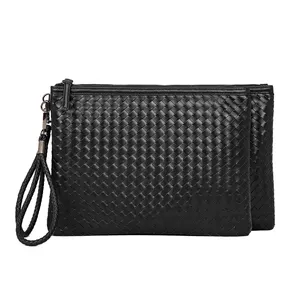 Luxury Custom Charming Big Capacity Small Evening Purses Black Woven Pu Leather Clutch Bags For Men