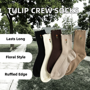 LUXE ENTERPRISES 2022 Autumn Collection <b>Women's</b> Fresh Floral Ruffle Combed Cotton Crew Casual <b>Socks</b> Embroidered Tulip Breathable - Product Image 2