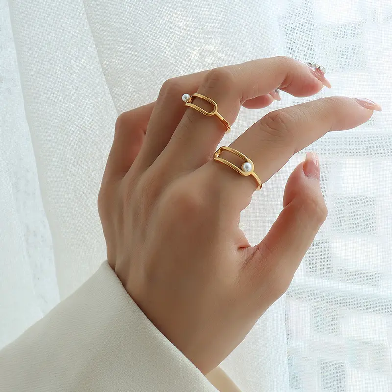 Простые геометрические дизайнерские кольца из титановой стали с жемчугом стиль INS 18K позолоченные кольца на палец для женщин