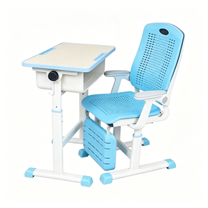 <span class=keywords><strong>Bureau</strong></span> et chaise d'école individuels réglables avec cadre métallique, dossier perforé et repose-pieds pour la sieste des élèves en classe - Product Image 1