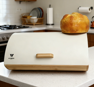 กล่องใส่ขนมปังฝาไม้ไผ่ OEM, กล่องเก็บขนมปังโลหะ, กล่องขนมปังสำหรับห้องครัว, กล่องใส่ขนมปังกันฝุ่นสำหรับร้านเบเกอรี่ขายส่ง - Product Image 4