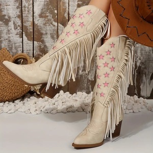 Bottes de cowboy occidentales pour femmes WETKISS, hiver, talon haut, dessus en velours, décorations en strass, large mollet, fermeture à enfiler - Product Image 1