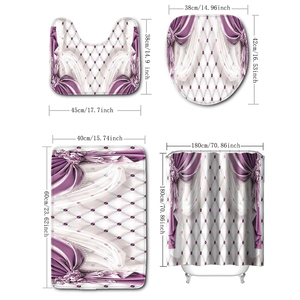 Bộ 4 mảnh của lưới kim cương màu tím in rèm tắm không thấm nước với 12 móc và thảm sàn phòng tắm - Product Image 3