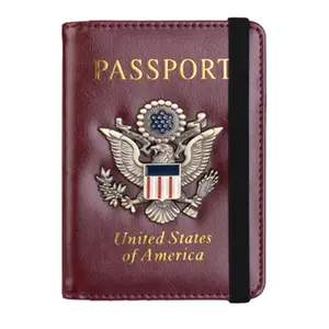 Porta-passaporte de couro pu rfid eua, atacado, porta-passaporte com logotipo de metal