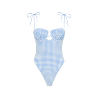 Blauw gingham-badpak voor dames, uitgesneden, hoog uitgesneden, getextureerd badpak met beugel en uitsnijding