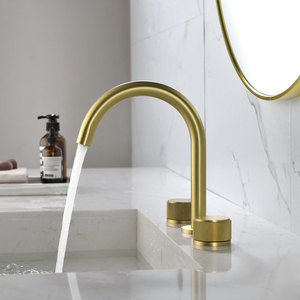 Rubinetto Miscelatore Moderno in Ottone Dorato per Lavabo da Hotel, Montaggio su Piano, 3 Fori con Maniglia Rotonda - Product Image 4