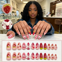 Faux Ongles Réutilisables en Gel Souple, Courts Amande, Motif Fraise Coquette Mignonne, Nœud 3D, Logo Personnalisé, Vente en Gros