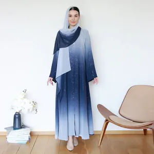 グラデーショングリッターシフォン生地オープンアバヤドレス最新デザインドバイイスラム教徒カーディガン着物無料マッチングショール付き