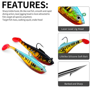 เหยื่อปลอมรูปปลาทะเล ปลาไพค์ น้ำหนัก 9.5 กรัม 24.6 กรัม เหยื่อยางรูปปลาไหล พร้อมตะขอเกี่ยว หัวจิ๊กตะกั่ว เหยื่อตกปลาแบบหางรูปตัว T - Product Image 5