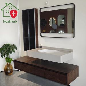 Big Modern Floating Bathroom Vanity Set with Smart Mirror Dark Wood, Hotel Grade Luxury Durable Dark Wood Floating Vanity - Product Image 1