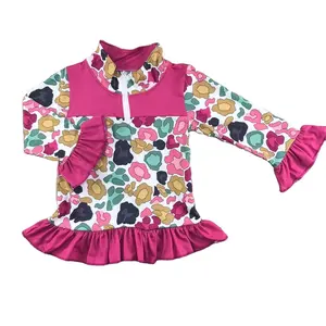 Hiver OEM bébé haut filles vêtements rose pull manches longues fermeture éclair boutique gros volant ourlet léopard enfants manteau vêtements