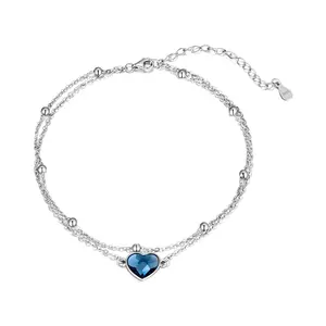 Dainty Jewelry Women Girls 925 Sterling Silver Blue Crystal Anklet Love Heart Beads Chain Anklet Bracelet