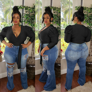 Moda mujer de talla grande sólido con cuello en V camisa con cinta solamente Top - Product Image 3