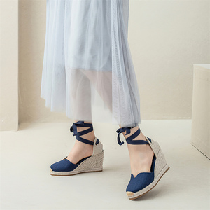 New Arrival Womens <strong>Navy</strong> Linen <strong>Wedge</strong> <strong>Espadrilles</strong> Closed Toe Lace Up Ankle Wrap Woven Straw V Cut Sandals Casual Summer Footwear - Product Image 2