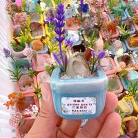 Mini pot de bonsaï en pierre brute naturelle avec fleur artificielle, ornement de bureau en pierres précieuses, décoration d'intérieur