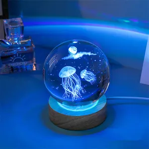 3D Laser Carved Art Crystal Ball Jellyfish Dolphin Starfish Whale Shellc USB LED Night Light Home Bedroom Decorative Table Lamp