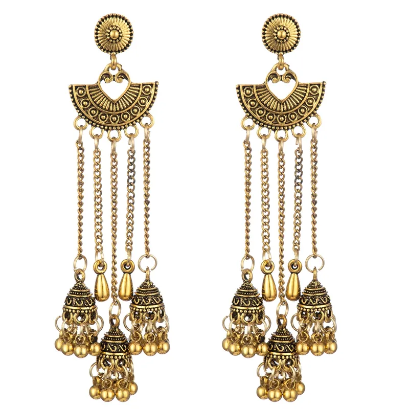 Ethnic Style Vintage Beads Tassel Long Earrings Indian Jewelry Antique Gold Jhumka Earrings