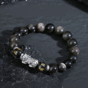 Pulsera de obsidiana con brillo natural, cuentas con mantra de seis palabras, pulsera vintage de la suerte y la riqueza para hombres y mujeres, regalo. - Product Image 2