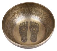 Bol chantant tibétain népalais fait main, gravé de la trace du pied du Bouddha, pour la méditation et la guérison sonore