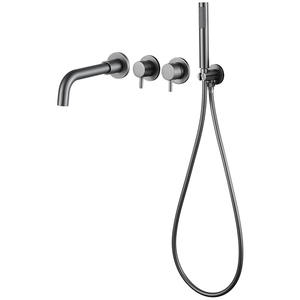 ชุดก๊อกน้ำอ่างอาบน้ำติดผนังแบบฝักบัวคู่ สแตนเลส 304 พร้อมสีเทาปืนและฝักบัวมือ - Product Image 2