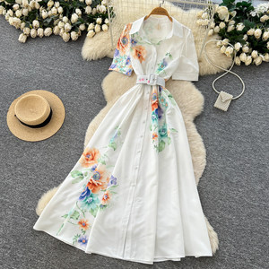Robe chemise élégante imprimée de style français pour femme, version coréenne à manches courtes printemps-été, taille haute, coupe trapèze longue - Product Image 5